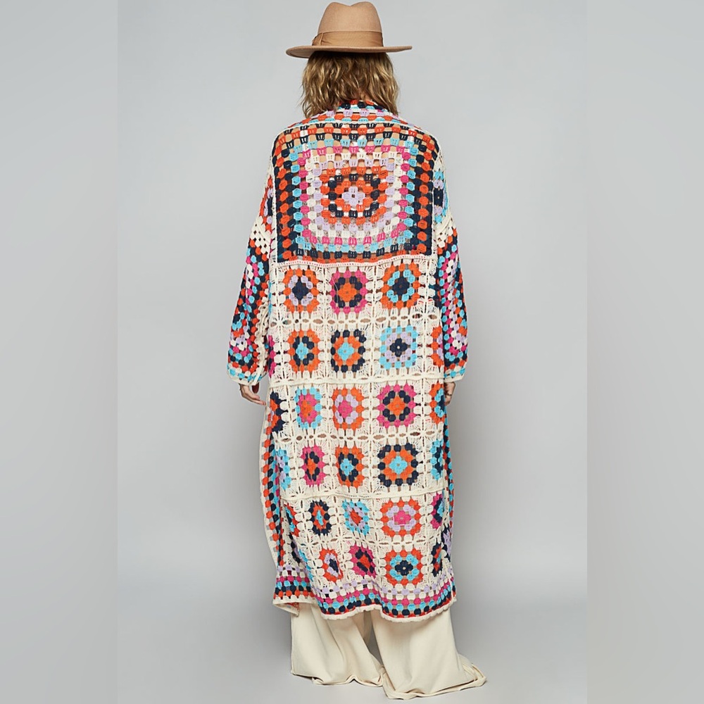 #127 New! Pol Gorgeous Boho Multi Colored Crochet Patchwork Sweater Coat - Picture 5 of 5